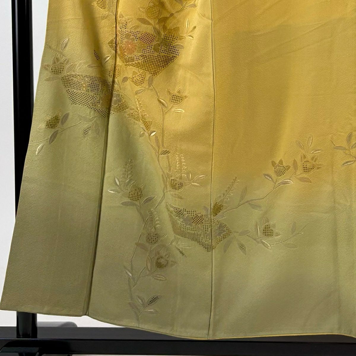 訪問服 身長155cm 袖長64cm M 雙層 橘色 扇子面刺繡 漸層 山吹茶 純蠶絲 秀品級