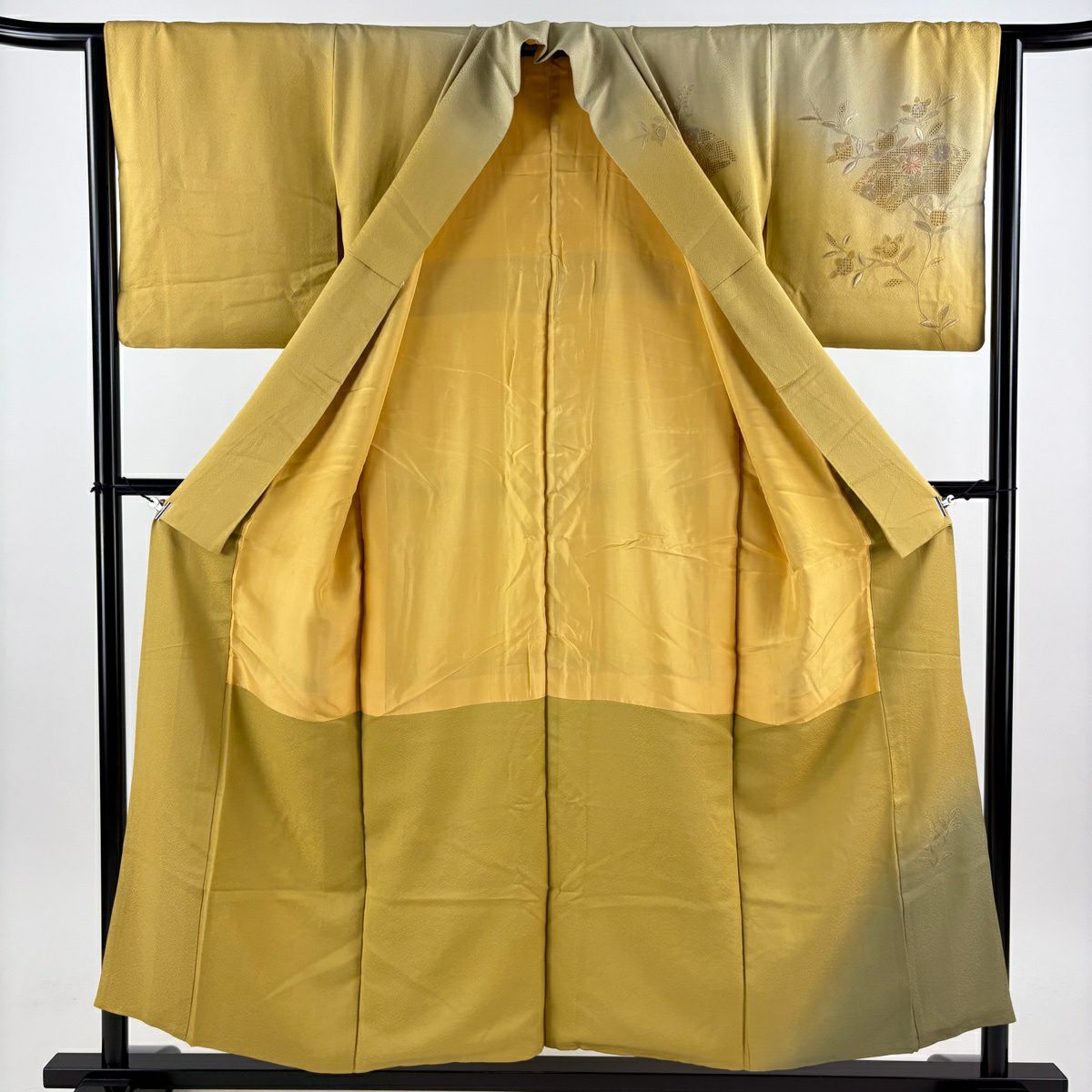 訪問服 身長155cm 袖長64cm M 雙層 橘色 扇子面刺繡 漸層 山吹茶 純蠶絲 秀品級