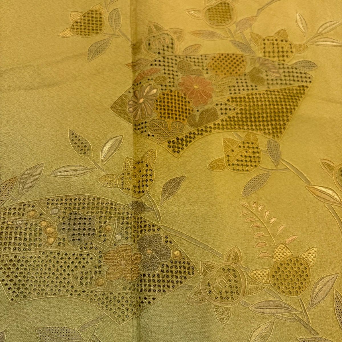 訪問服 身長155cm 袖長64cm M 雙層 橘色 扇子面刺繡 漸層 山吹茶 純蠶絲 秀品級
