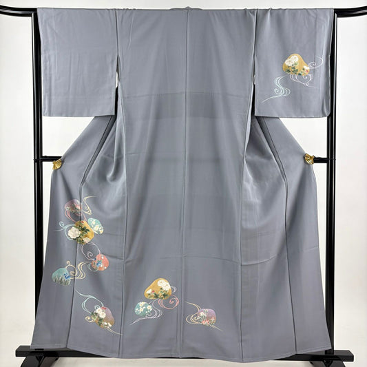 付下 身長158cm 袖長66cm M 雙層 草花紋紋 流水 金彩裝飾 青灰 純蠶絲 秀品級