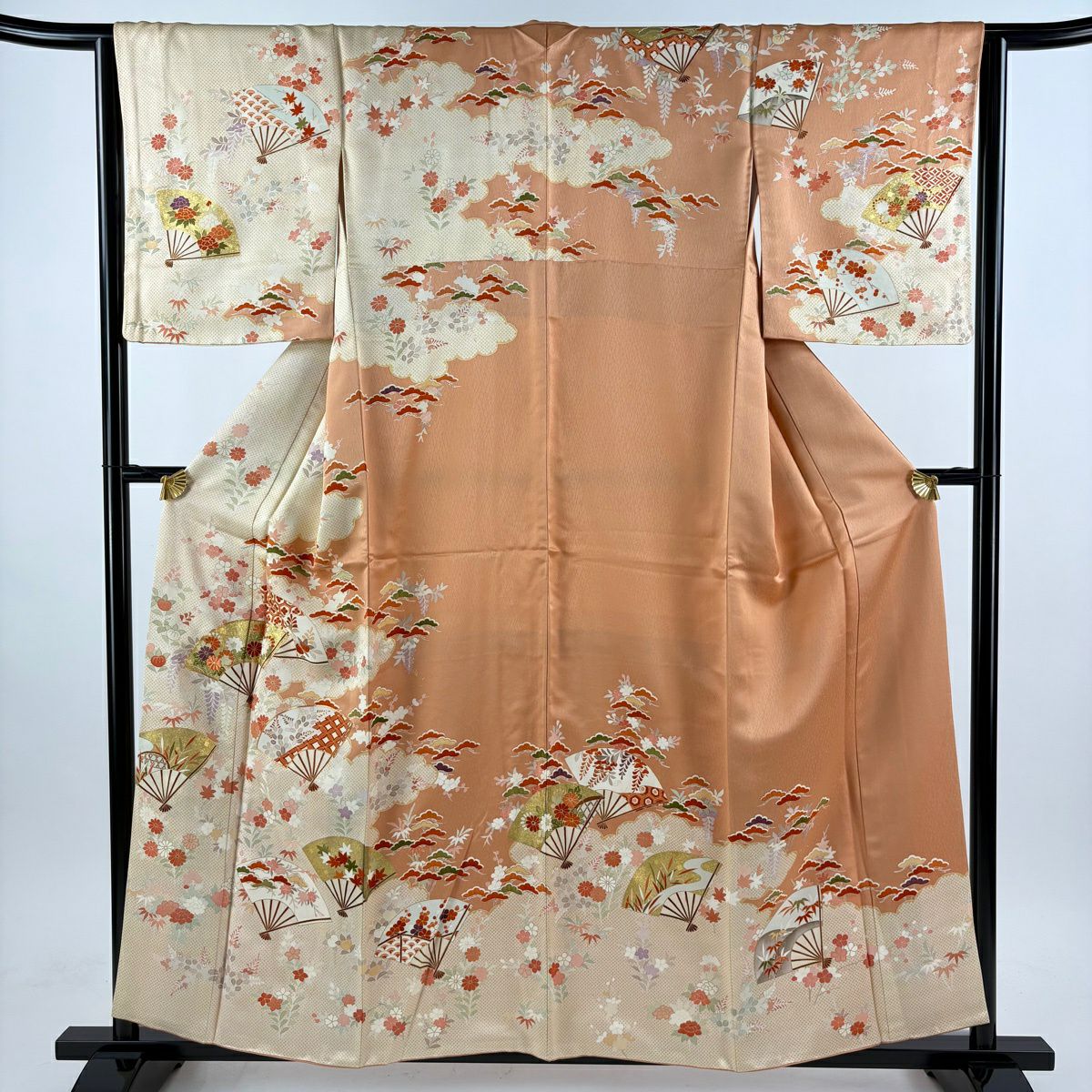 訪問服 身長157.5cm 袖長64.5cm M 雙層 扇子 松樹竹子梅花 金絲 金銀彩 淺橙色 純蠶絲 優品級