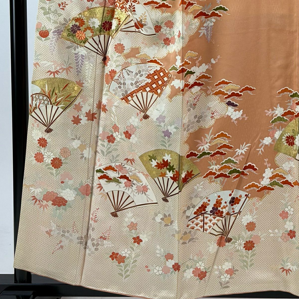 訪問服 身長157.5cm 袖長64.5cm M 雙層 扇子 松樹竹子梅花 金絲 金銀彩 淺橙色 純蠶絲 優品級