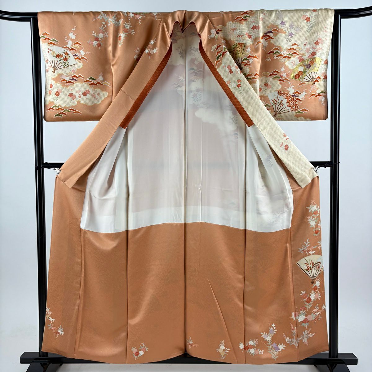 訪問服 身長157.5cm 袖長64.5cm M 雙層 扇子 松樹竹子梅花 金絲 金銀彩 淺橙色 純蠶絲 優品級
