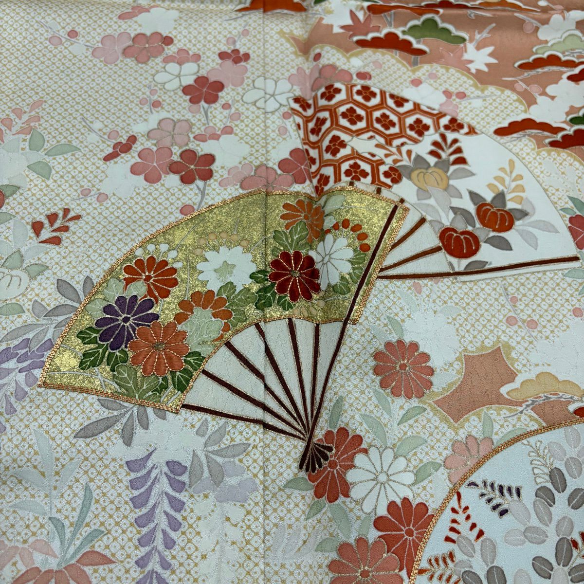 訪問服 身長157.5cm 袖長64.5cm M 雙層 扇子 松樹竹子梅花 金絲 金銀彩 淺橙色 純蠶絲 優品級