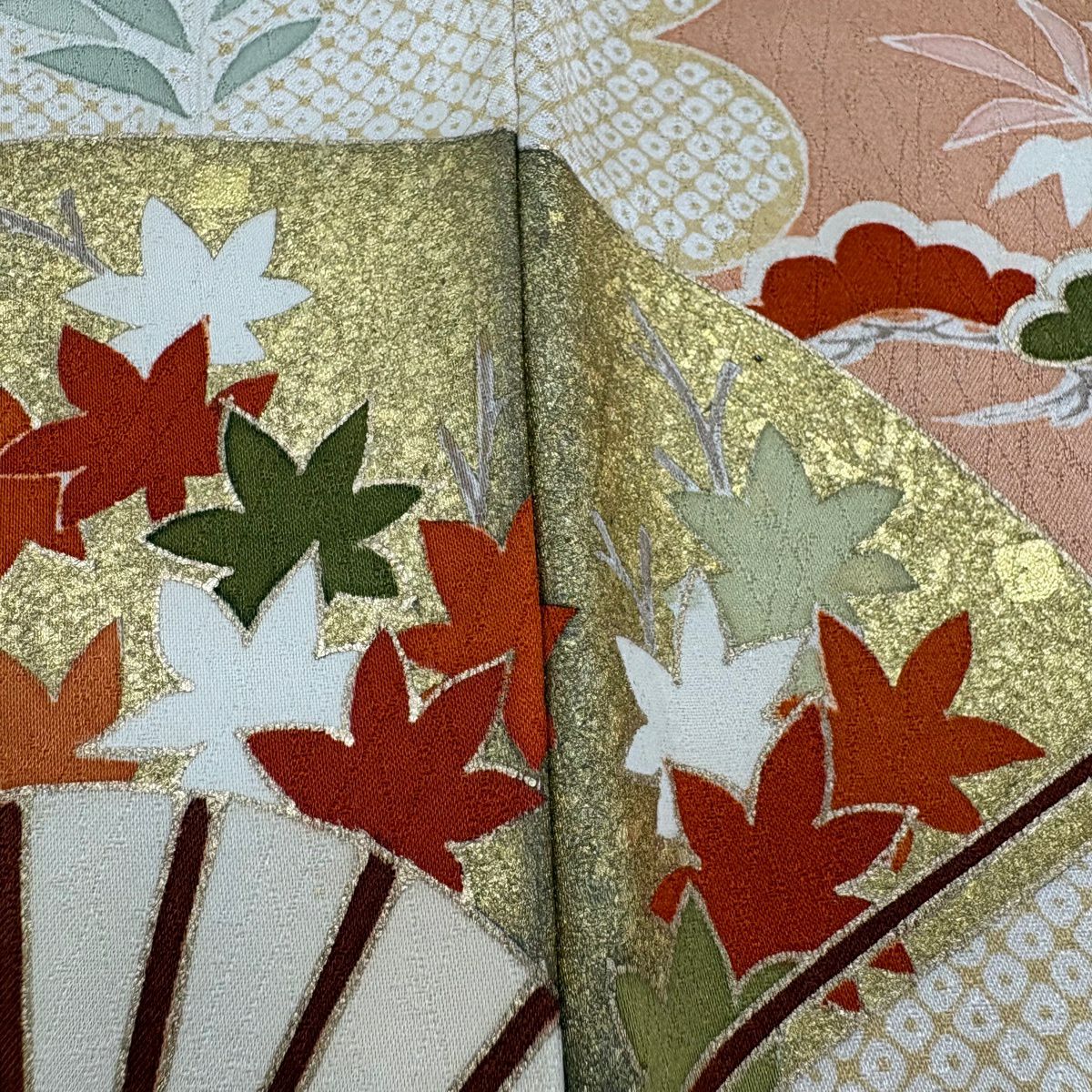 訪問服 身長157.5cm 袖長64.5cm M 雙層 扇子 松樹竹子梅花 金絲 金銀彩 淺橙色 純蠶絲 優品級