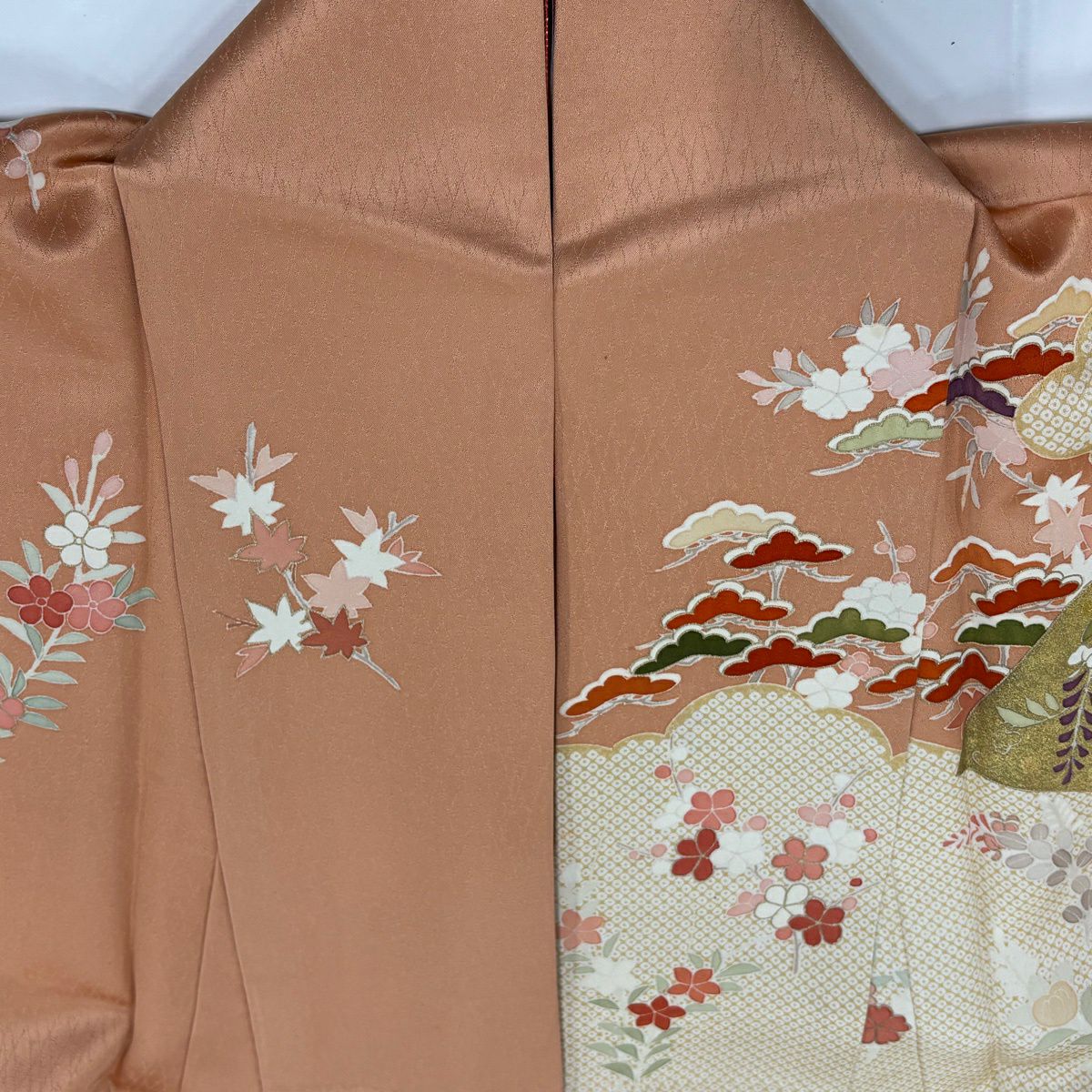 訪問服 身長157.5cm 袖長64.5cm M 雙層 扇子 松樹竹子梅花 金絲 金銀彩 淺橙色 純蠶絲 優品級