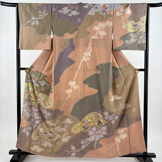 訪問服 身長159.5cm 袖長65cm M 雙層 草花紋紋 菊花 金彩裝飾 絞染 粉米色 純蠶絲 秀品級