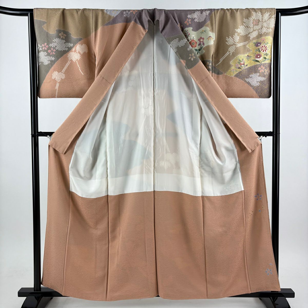 訪問服 身長159.5cm 袖長65cm M 雙層 草花紋紋 菊花 金彩裝飾 絞染 粉米色 純蠶絲 秀品級