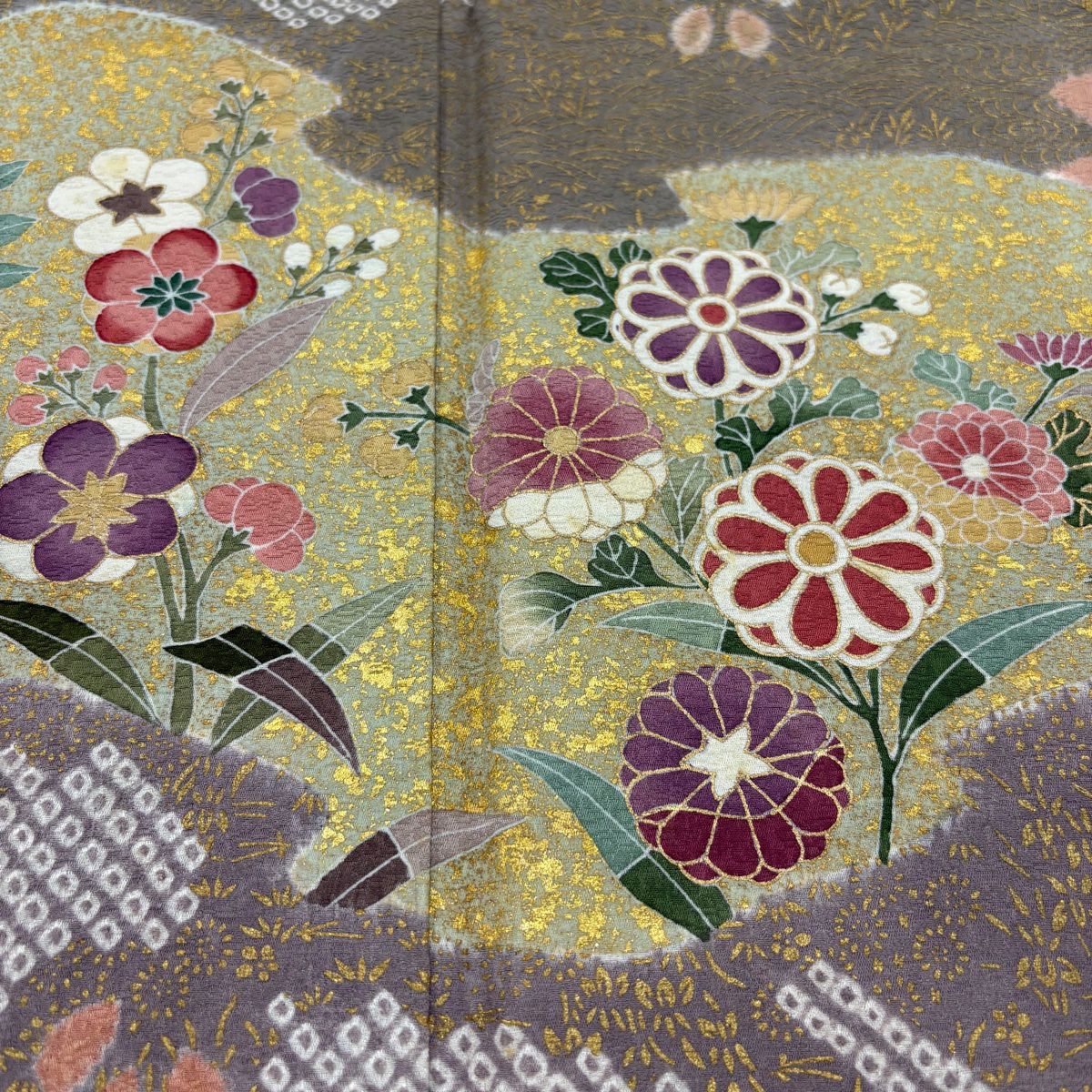訪問服 身長159.5cm 袖長65cm M 雙層 草花紋紋 菊花 金彩裝飾 絞染 粉米色 純蠶絲 秀品級