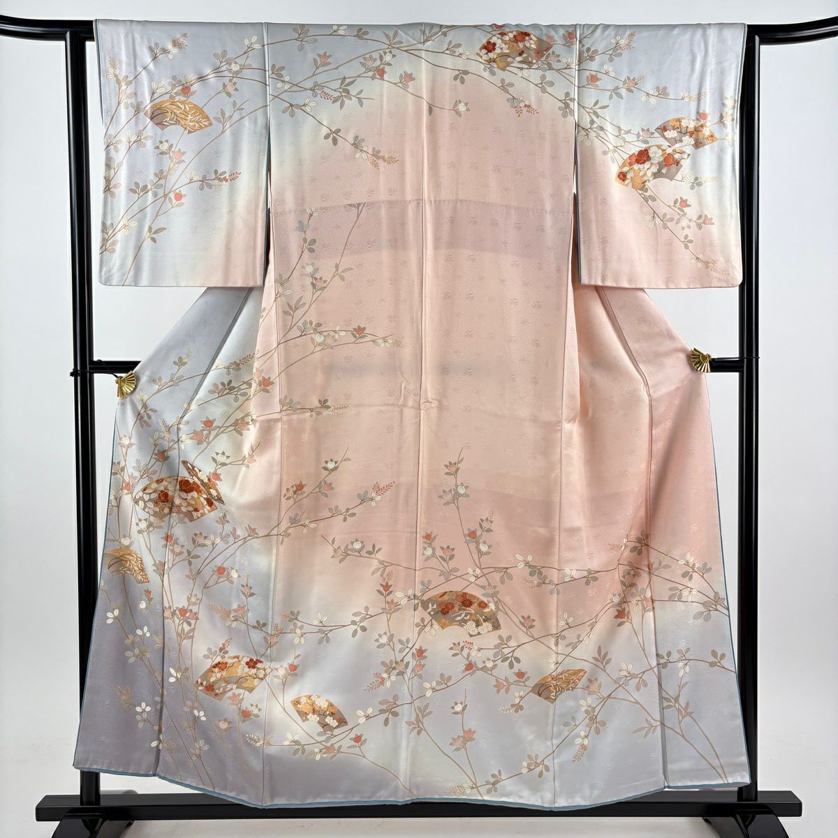 訪問服 身長155.5cm 袖長63.5cm S 雙層 大和 扇子面 橘 金絲 金銀彩 灰紫 純蠶絲 秀品級
