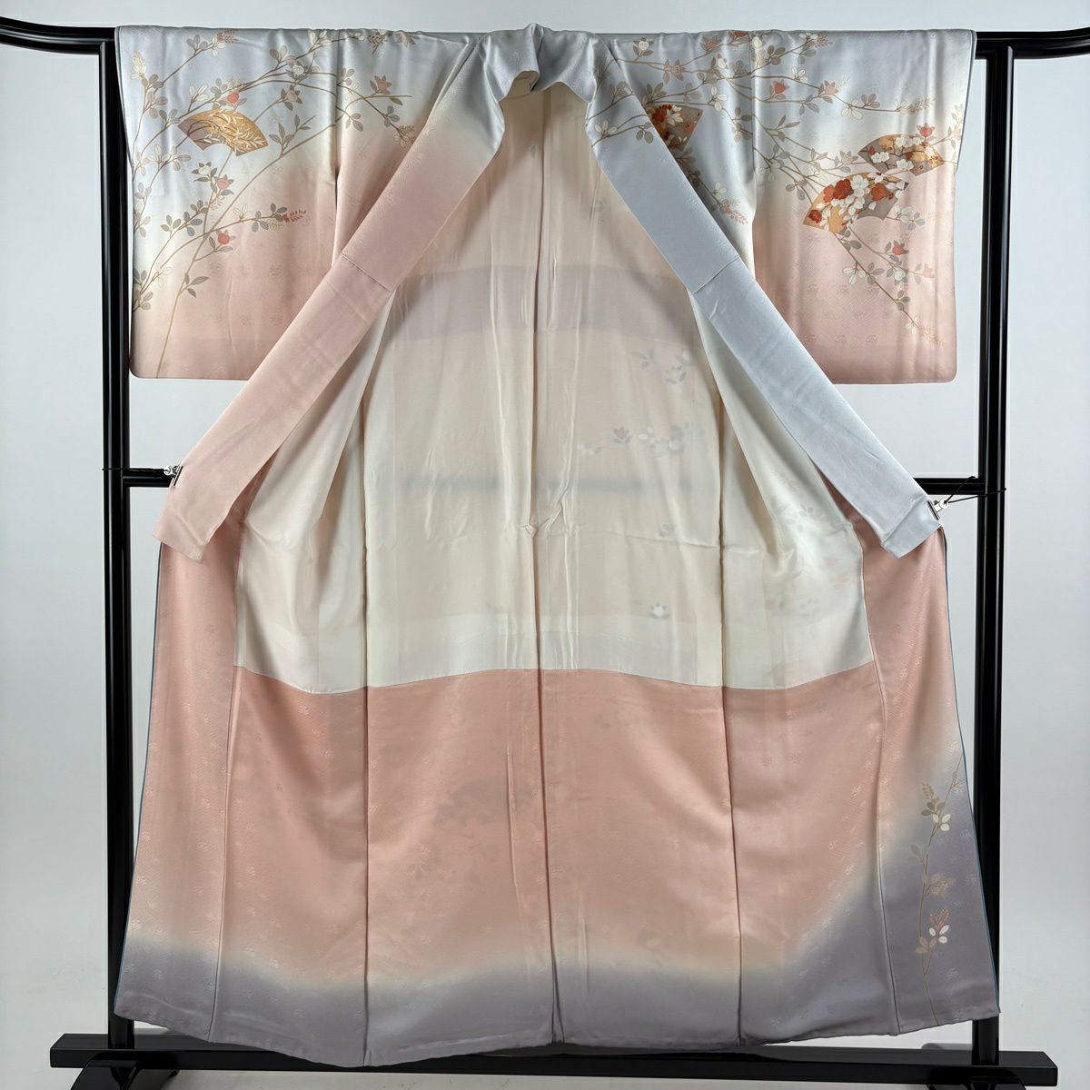 訪問服 身長155.5cm 袖長63.5cm S 雙層 大和 扇子面 橘 金絲 金銀彩 灰紫 純蠶絲 秀品級