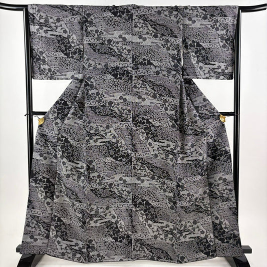 【美品】 小紋 身長163.5cm 袖長65.5cm M 雙層 花唐草紋 波 黑灰 純蠶絲 秀品級