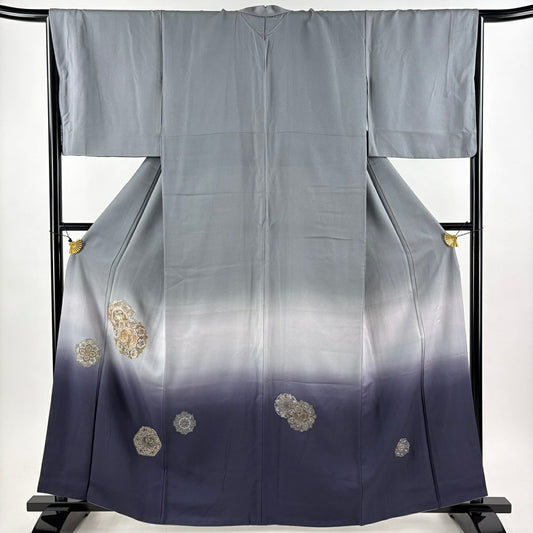 付下 身長162cm 袖長67.5cm L 雙層 華紋 鳳凰 蘇州刺繡 金銀彩 灰 純蠶絲 秀品級