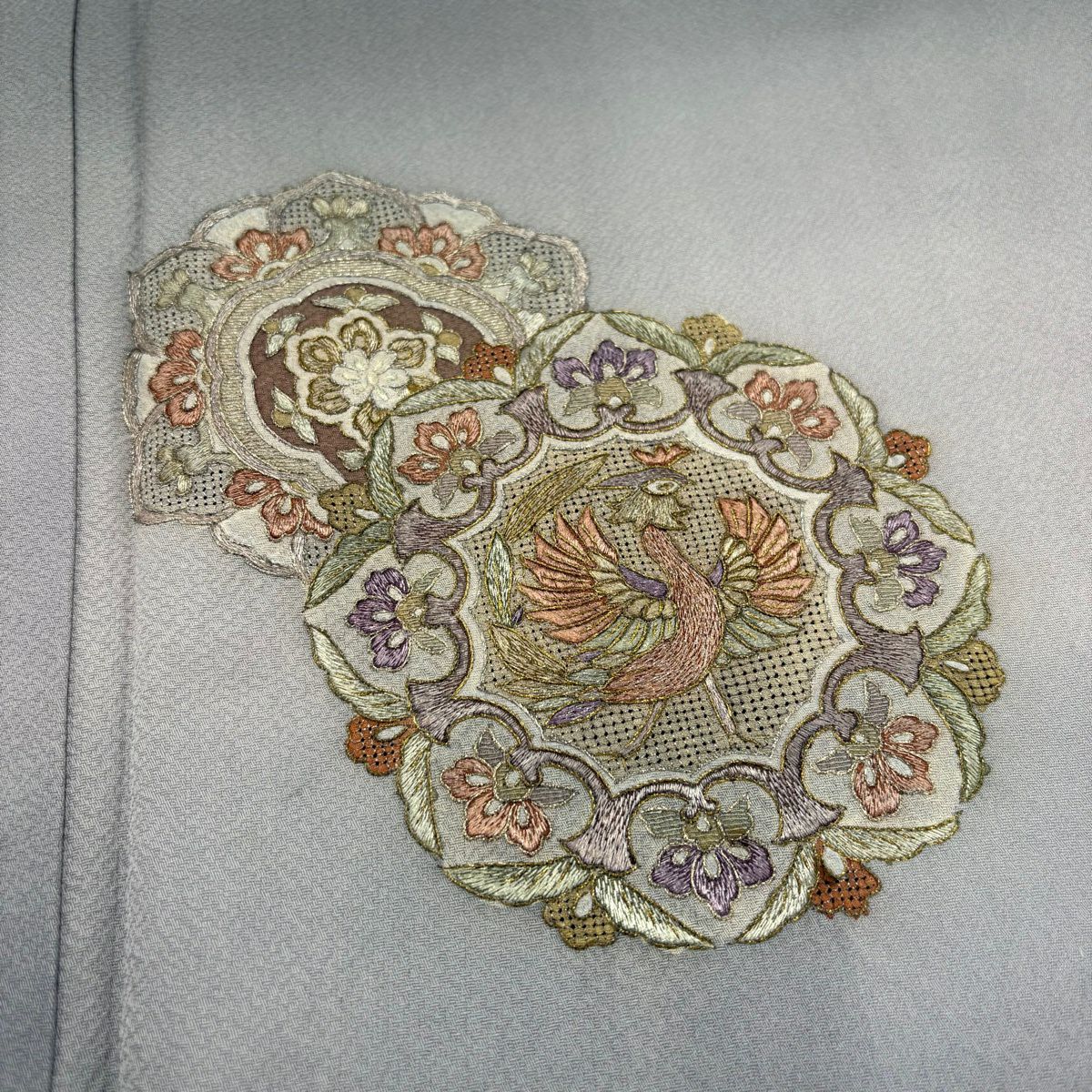 付下 身長162cm 袖長67.5cm L 雙層 華紋 鳳凰 蘇州刺繡 金銀彩 灰 純蠶絲 秀品級