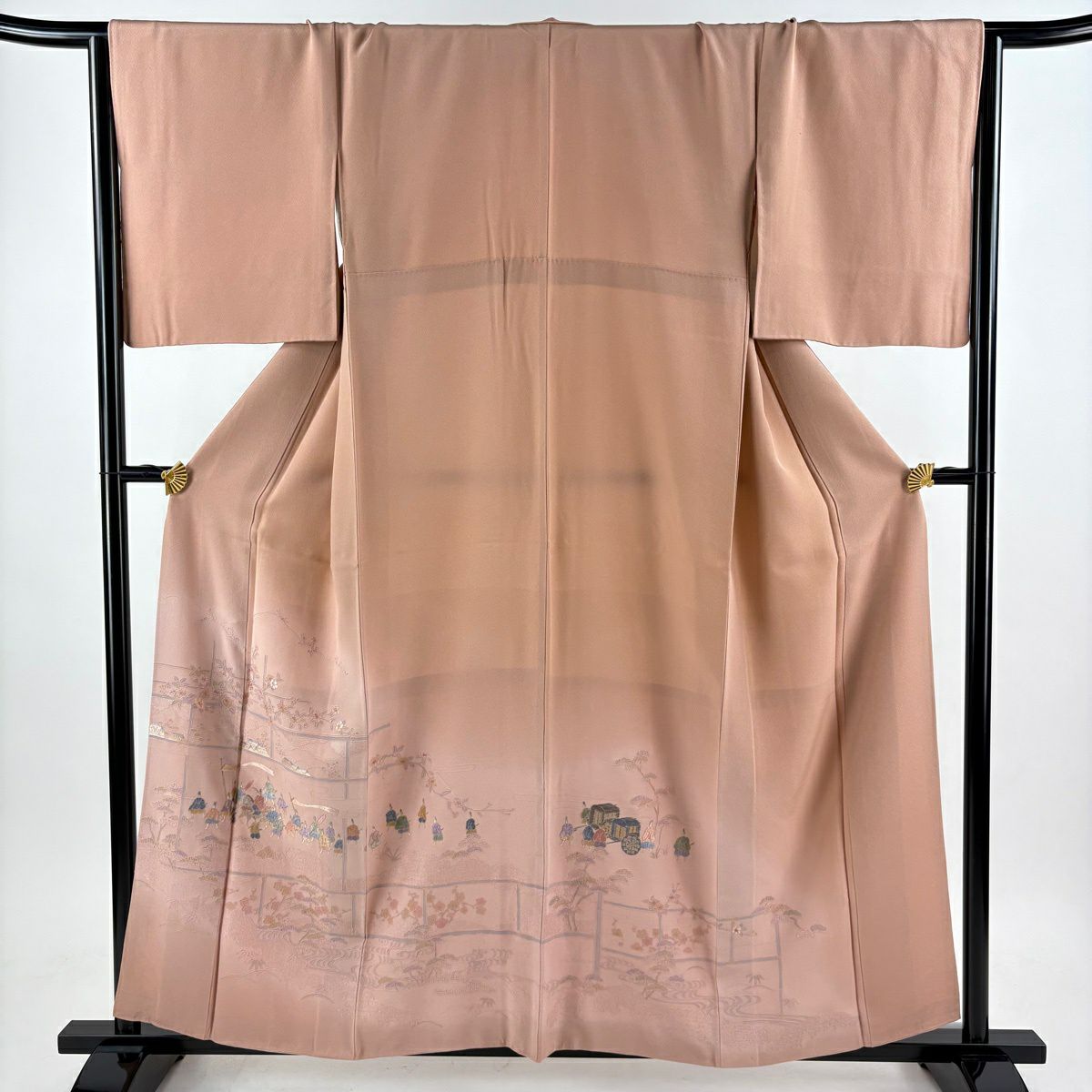 【美品】 付下 身長159.5cm 袖長67.5cm L 雙層 大名行列 松樹竹子梅花 刺繡 金糸 粉米色 純蠶絲 秀品級
