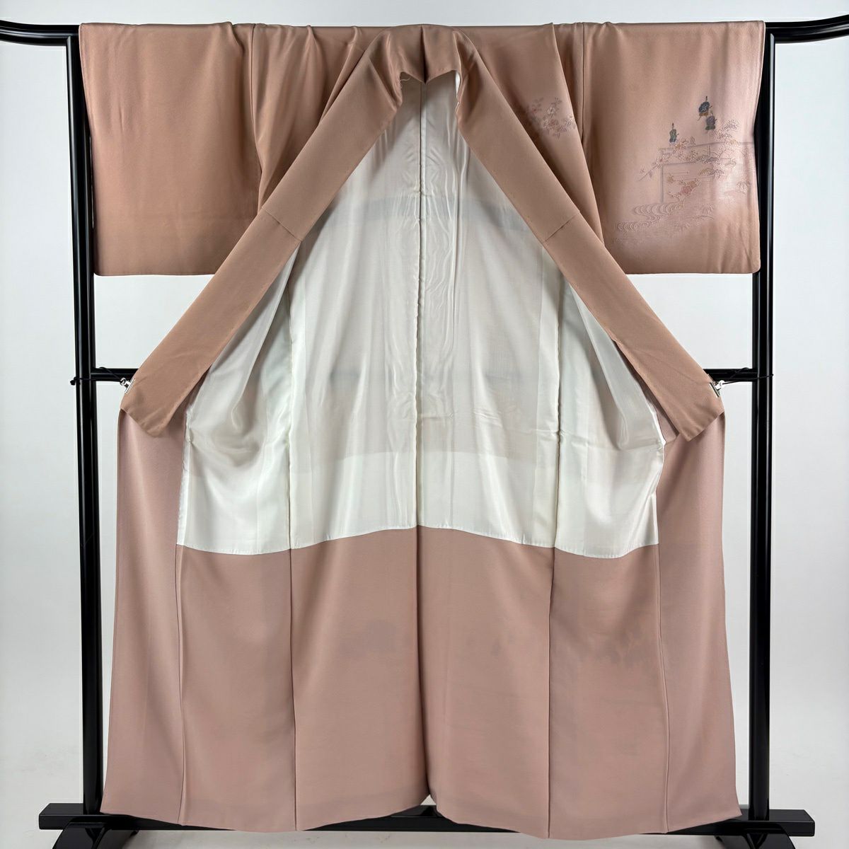 【美品】 付下 身長159.5cm 袖長67.5cm L 雙層 大名行列 松樹竹子梅花 刺繡 金糸 粉米色 純蠶絲 秀品級