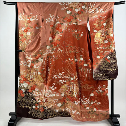振袖禮服 身長163cm 袖長65.5cm M 雙層 御所車 流水 金絲 金銀彩 鮭粉色 純蠶絲 秀品級