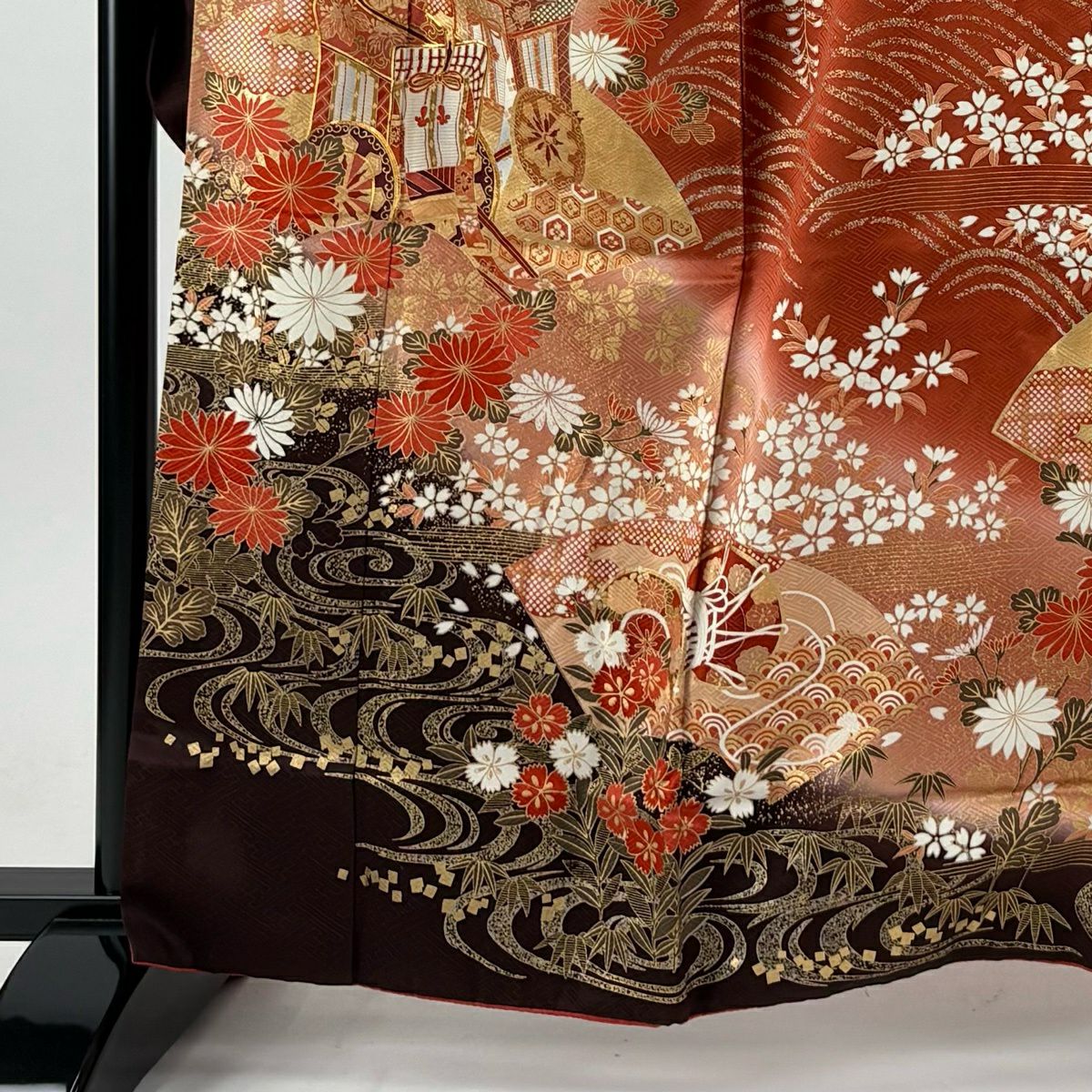 振袖禮服 身長163cm 袖長65.5cm M 雙層 御所車 流水 金絲 金銀彩 鮭粉色 純蠶絲 秀品級