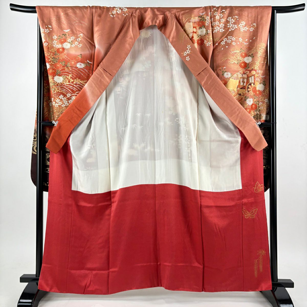 振袖禮服 身長163cm 袖長65.5cm M 雙層 御所車 流水 金絲 金銀彩 鮭粉色 純蠶絲 秀品級