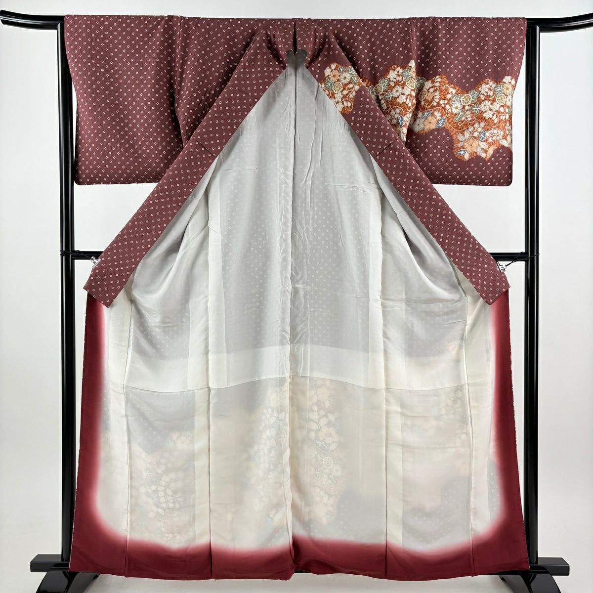 訪問服 身長161cm 袖長63.5cm S 雙層 草花紋紋 紅紫 純蠶絲 秀品級
