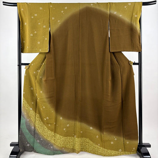 訪問服 身長165.5cm 袖長67.5cm L 雙層 梅花 市松樹 金銀彩 漸層 茶綠 純蠶絲 秀品級