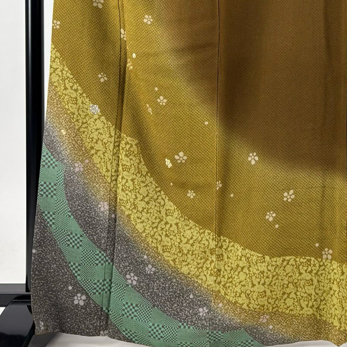 訪問服 身長165.5cm 袖長67.5cm L 雙層 梅花 市松樹 金銀彩 漸層 茶綠 純蠶絲 秀品級
