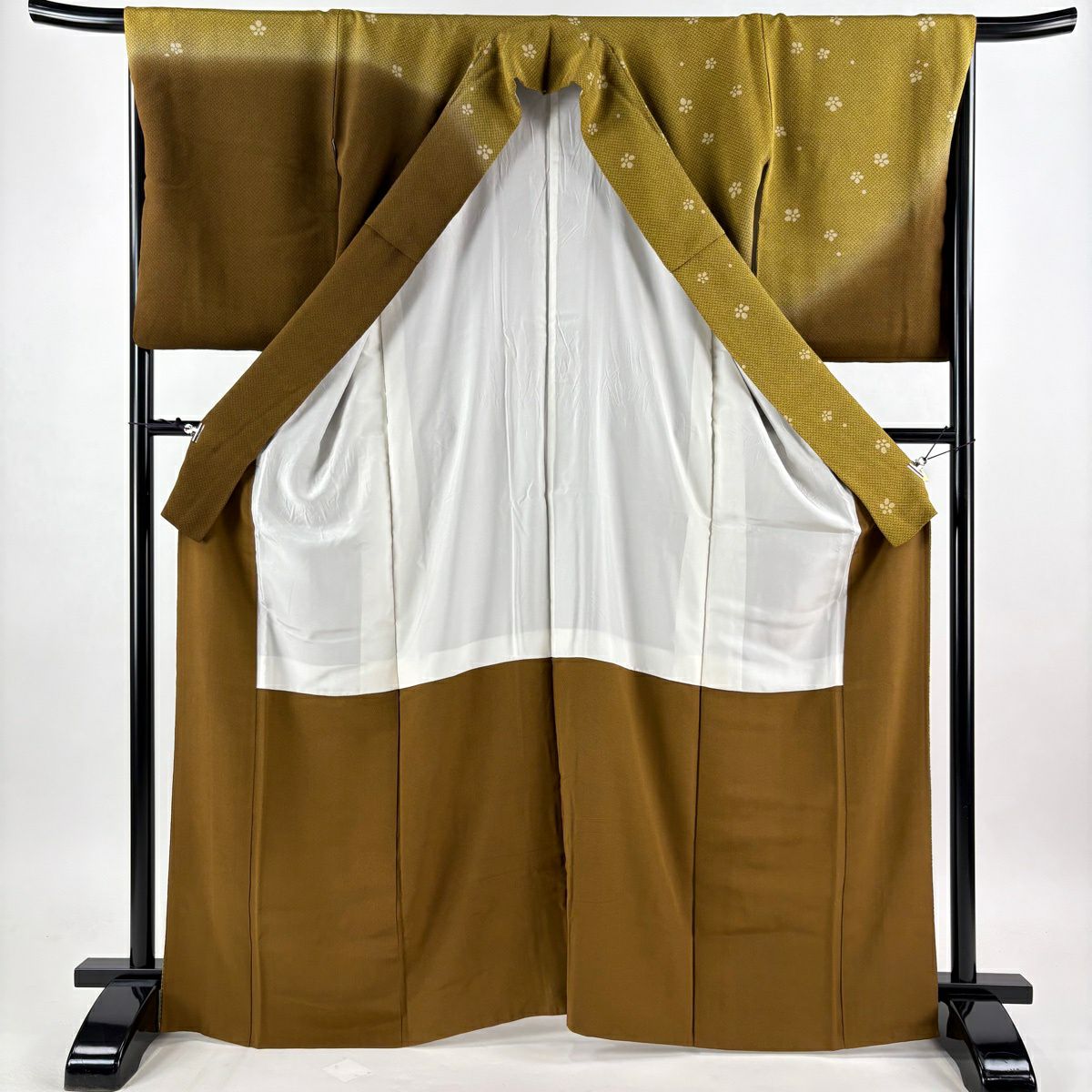 訪問服 身長165.5cm 袖長67.5cm L 雙層 梅花 市松樹 金銀彩 漸層 茶綠 純蠶絲 秀品級