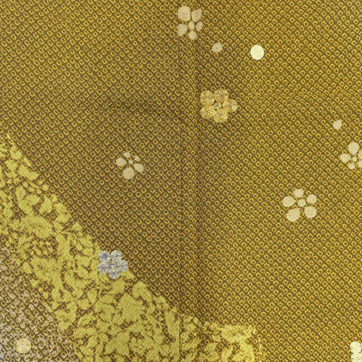 訪問服 身長165.5cm 袖長67.5cm L 雙層 梅花 市松樹 金銀彩 漸層 茶綠 純蠶絲 秀品級