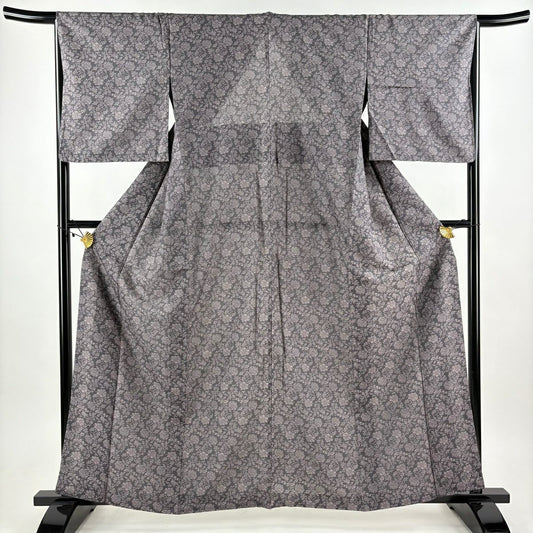 【美品】 小紋 身長162cm 袖長65cm M 雙層 紬織織 背抜 牡丹 唐草紋 灰紫 純蠶絲 秀品級
