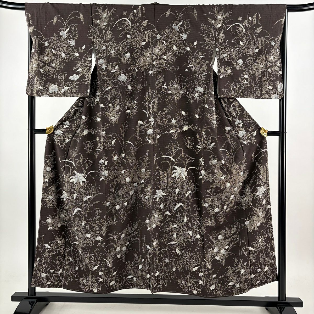 【美品】訪問服 身長154cm 袖長67cm M 雙層 草花紋紋 焦茶 純蠶絲 秀品級