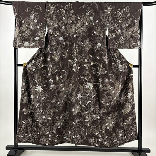 【美品】訪問服 身長154cm 袖長67cm M 雙層 草花紋紋 焦茶 純蠶絲 秀品級