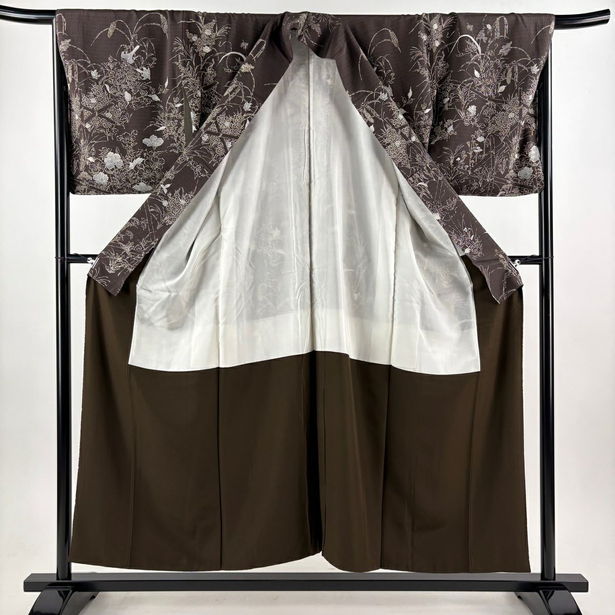 【美品】訪問服 身長154cm 袖長67cm M 雙層 草花紋紋 焦茶 純蠶絲 秀品級