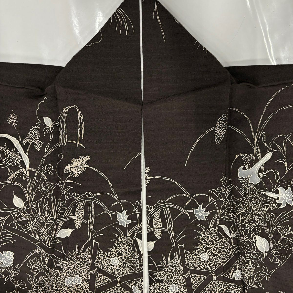 【美品】訪問服 身長154cm 袖長67cm M 雙層 草花紋紋 焦茶 純蠶絲 秀品級