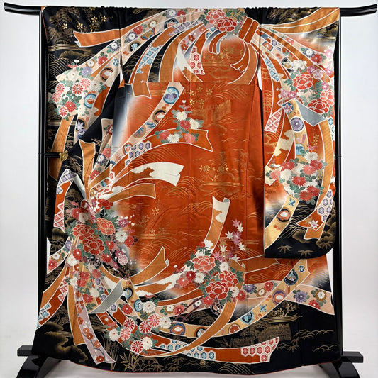 振袖禮服 身長164.5cm 袖長67.5cm L 雙層 束捲熨斗紋 花車 金絲 金銀彩 黑 純蠶絲 優品級
