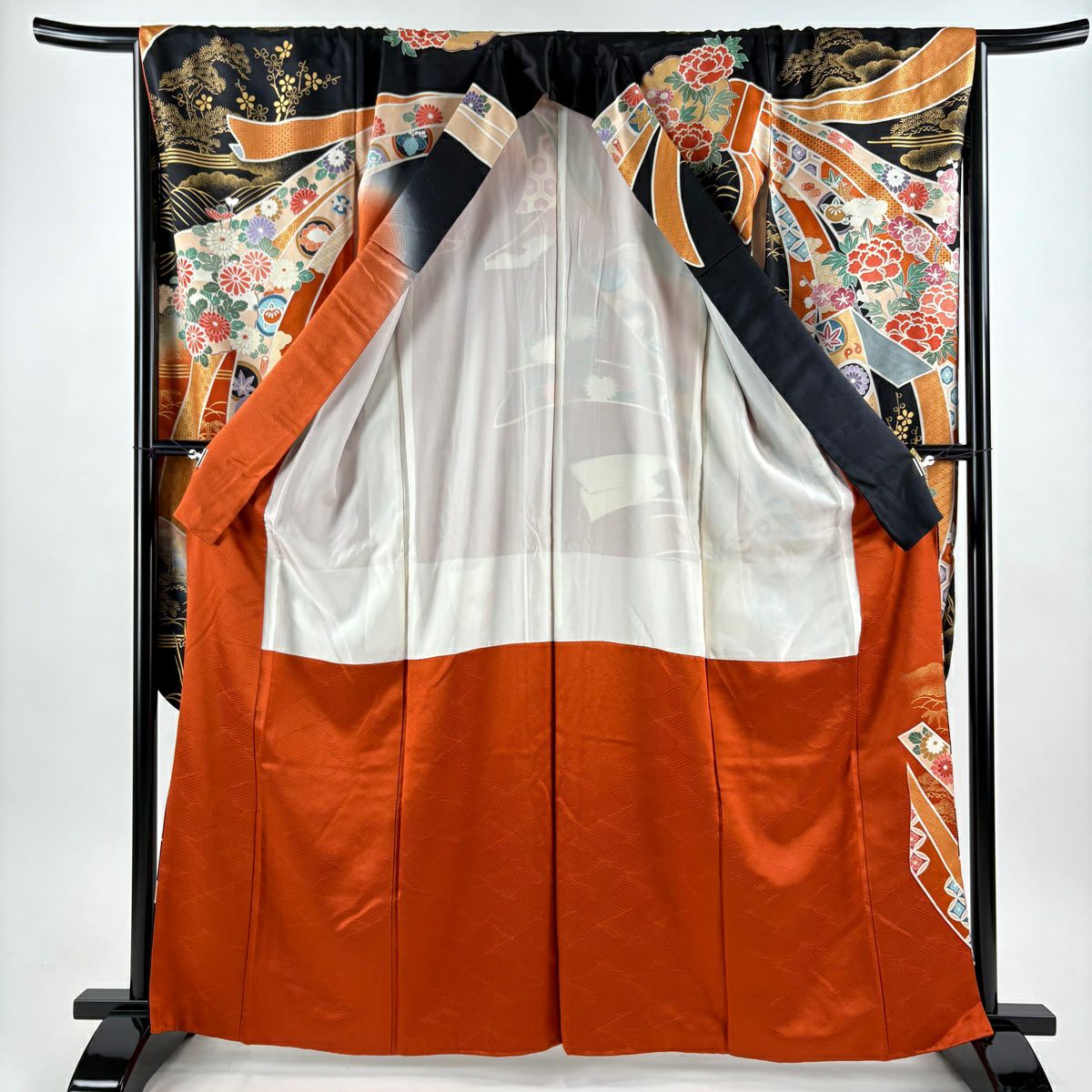 振袖禮服 身長164.5cm 袖長67.5cm L 雙層 束捲熨斗紋 花車 金絲 金銀彩 黑 純蠶絲 優品級