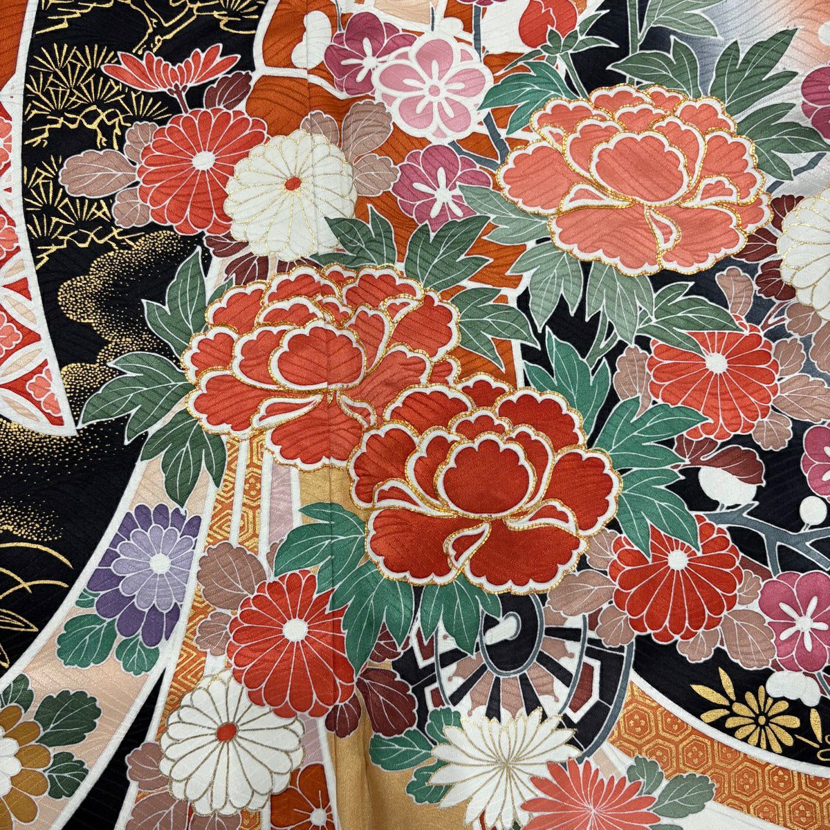 振袖禮服 身長164.5cm 袖長67.5cm L 雙層 束捲熨斗紋 花車 金絲 金銀彩 黑 純蠶絲 優品級