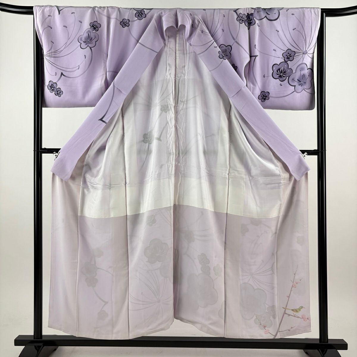 訪問服 身長153cm 袖長67cm M 雙層 落款あり 梅花 漸層 薄紫 純蠶絲 秀品級