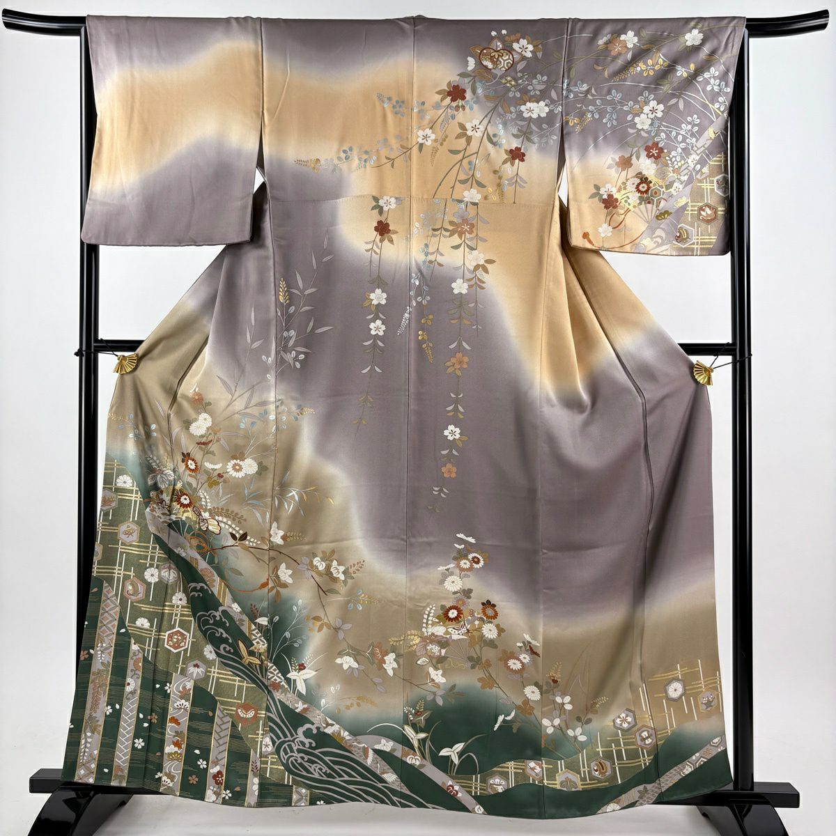 訪問服 身長162cm 袖長66.5cm M 雙層 扇子面 草花紋紋 金銀彩 漸層 灰紫 純蠶絲 秀品級