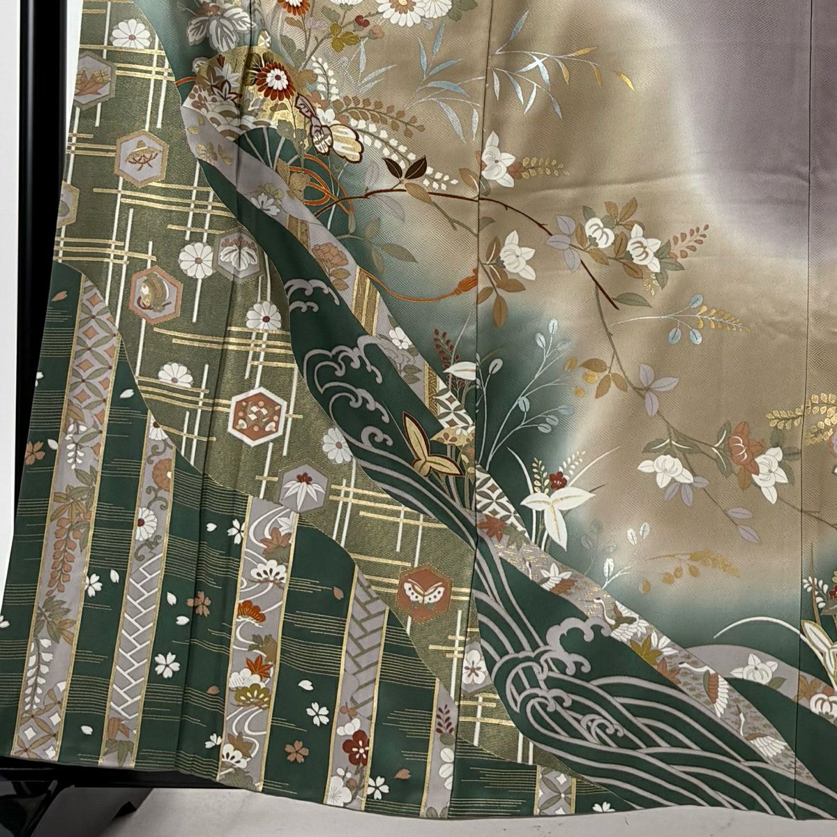 訪問服 身長162cm 袖長66.5cm M 雙層 扇子面 草花紋紋 金銀彩 漸層 灰紫 純蠶絲 秀品級