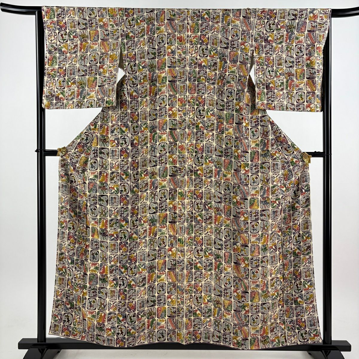 【美品】 小紋 身長157cm 袖長65.5cm M 雙層 兔子 草花紋紋 絞織 米色 純蠶絲 優品級