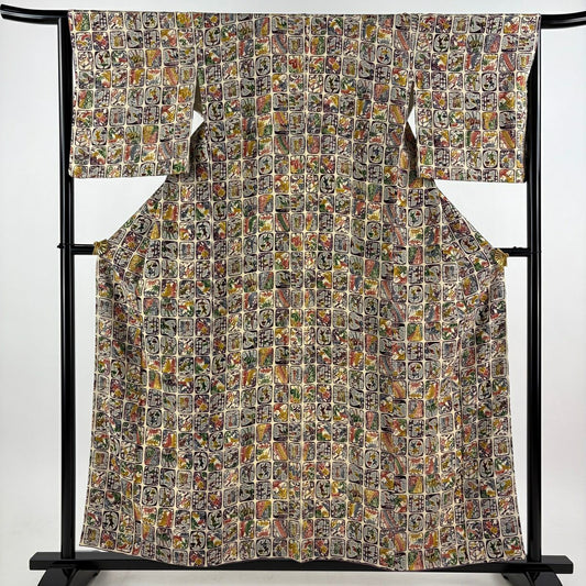 【美品】 小紋 身長157cm 袖長65.5cm M 雙層 兔子 草花紋紋 絞織 米色 純蠶絲 優品級