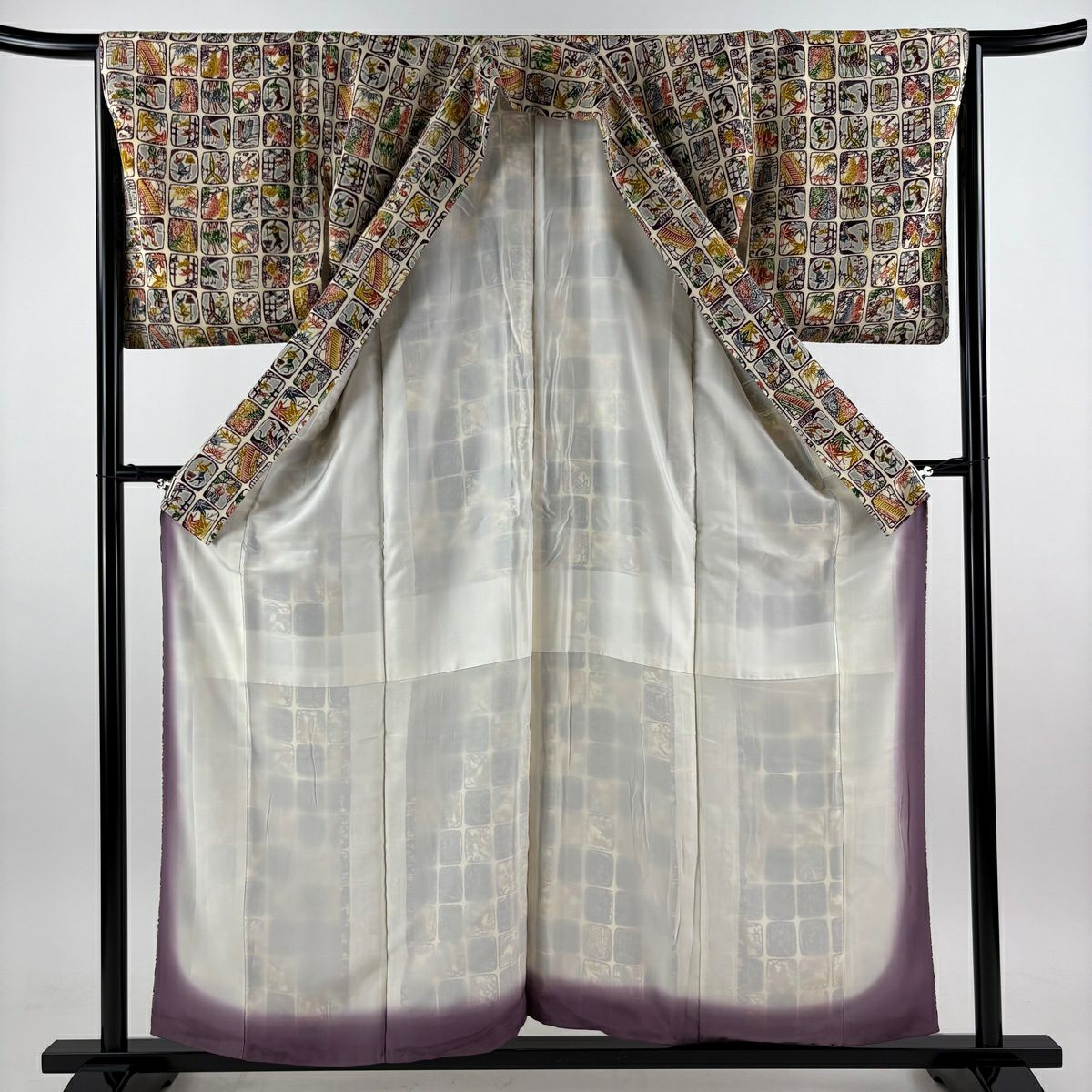 【美品】 小紋 身長157cm 袖長65.5cm M 雙層 兔子 草花紋紋 絞織 米色 純蠶絲 優品級