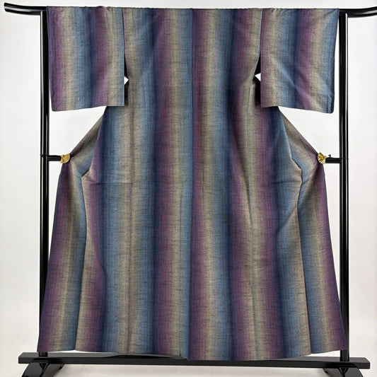 【美品】 紬織 身長158cm 袖長63.5cm S 單層 縱條紋 紫 純蠶絲 優品級