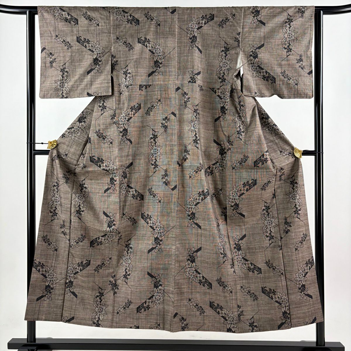 紬織織 身長150cm 袖長63cm S 雙層 草花紋紋 焦茶 純蠶絲 秀品級