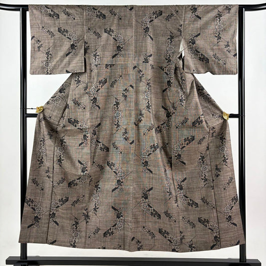 紬織織 身長150cm 袖長63cm S 雙層 草花紋紋 焦茶 純蠶絲 秀品級