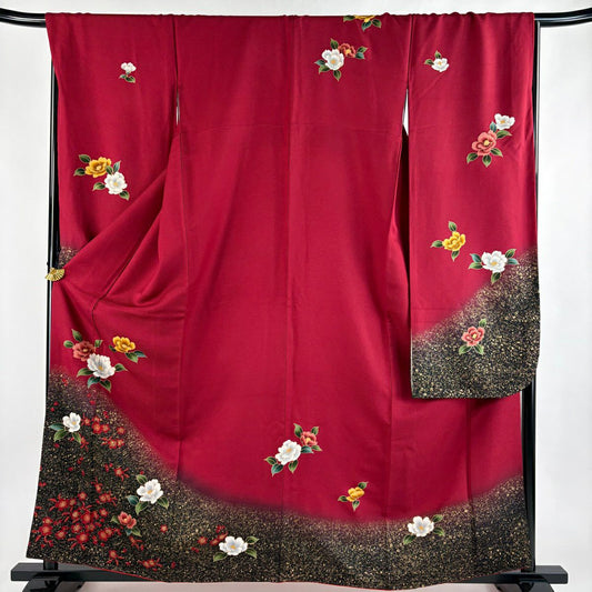 【美品】振袖禮服 身長161cm 袖長70cm L 雙層 椿 櫻花 金銀彩 染分 紅 純蠶絲 秀品級