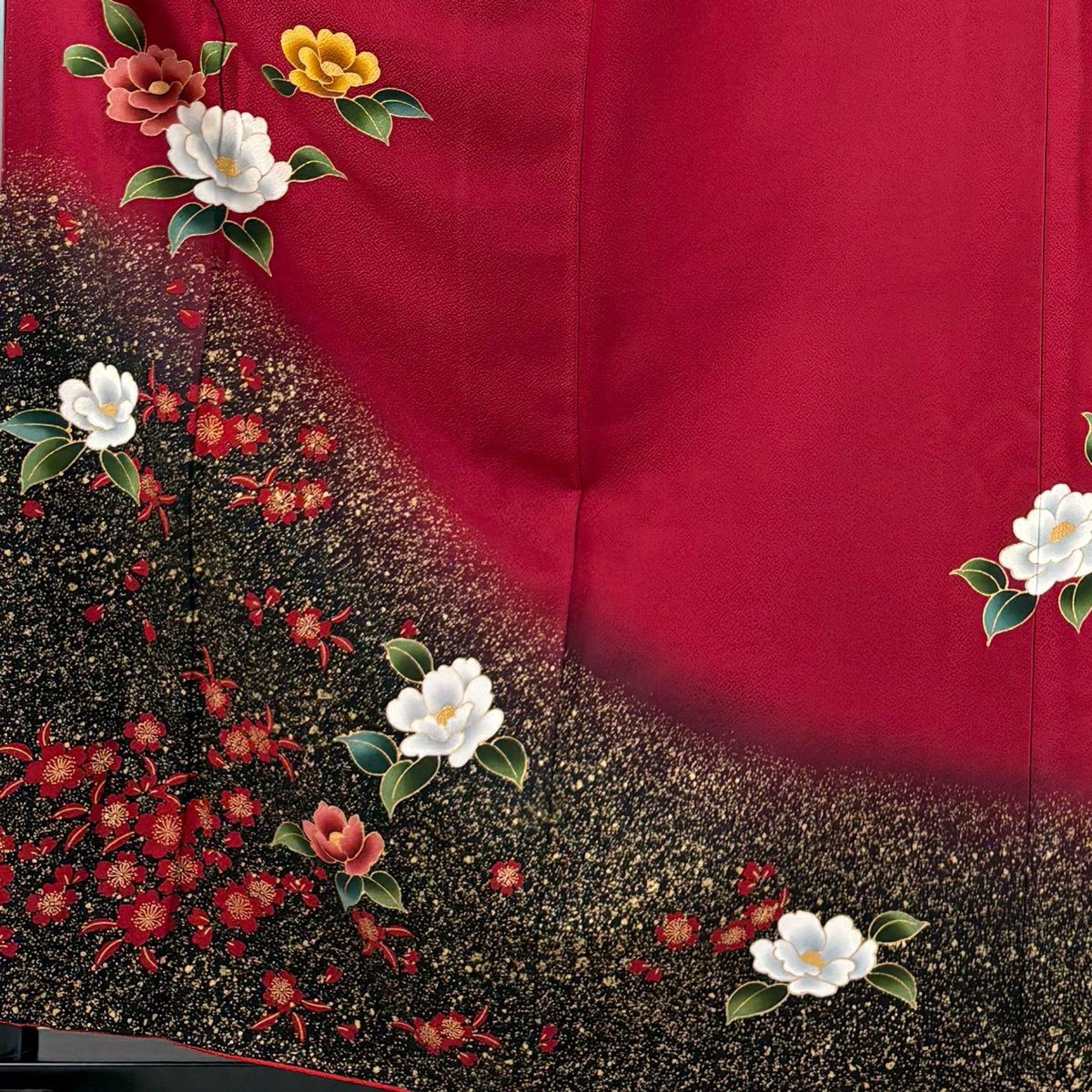 【美品】振袖禮服 身長161cm 袖長70cm L 雙層 椿 櫻花 金銀彩 染分 紅 純蠶絲 秀品級