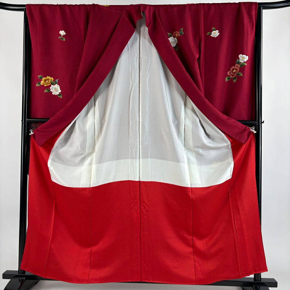 【美品】振袖禮服 身長161cm 袖長70cm L 雙層 椿 櫻花 金銀彩 染分 紅 純蠶絲 秀品級