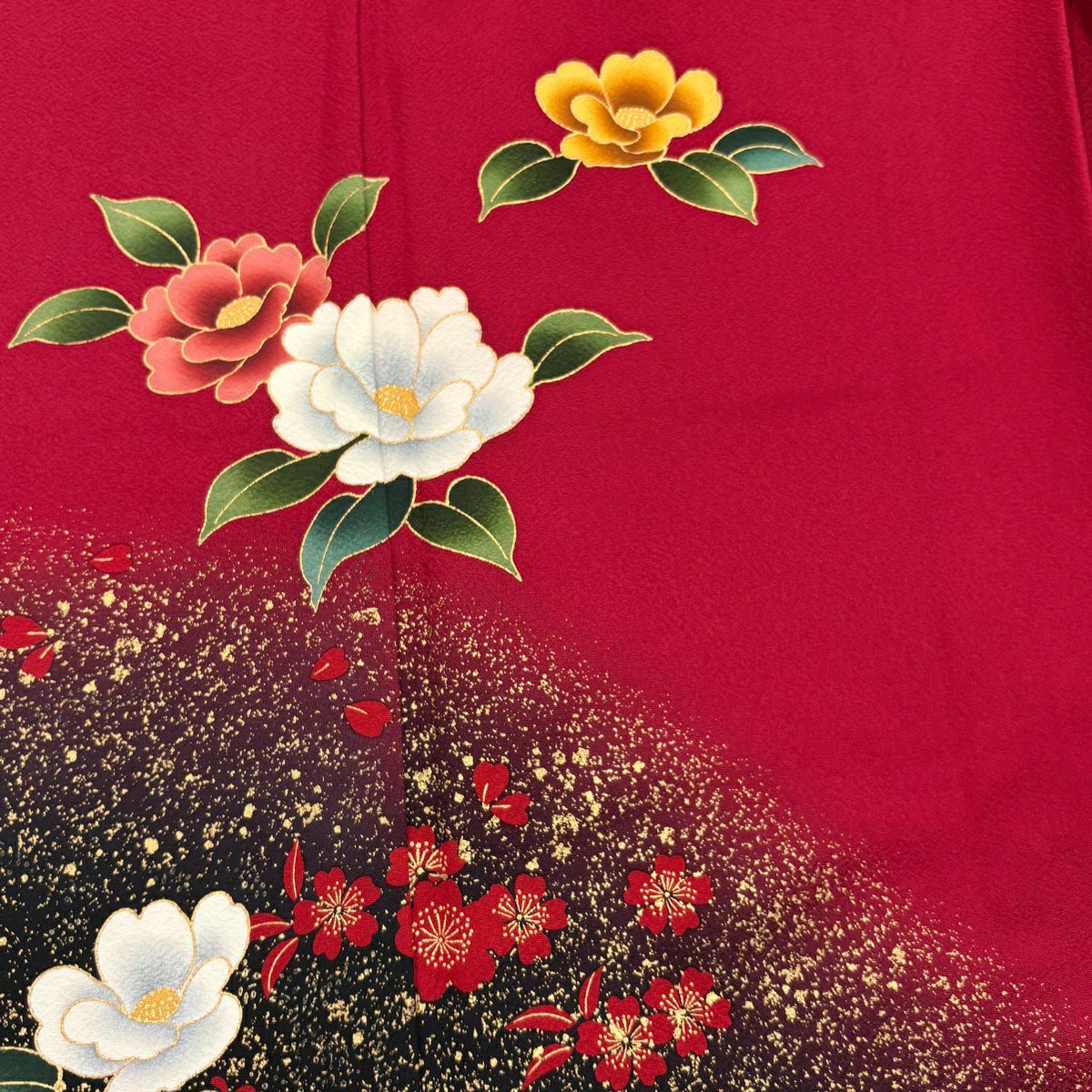 【美品】振袖禮服 身長161cm 袖長70cm L 雙層 椿 櫻花 金銀彩 染分 紅 純蠶絲 秀品級