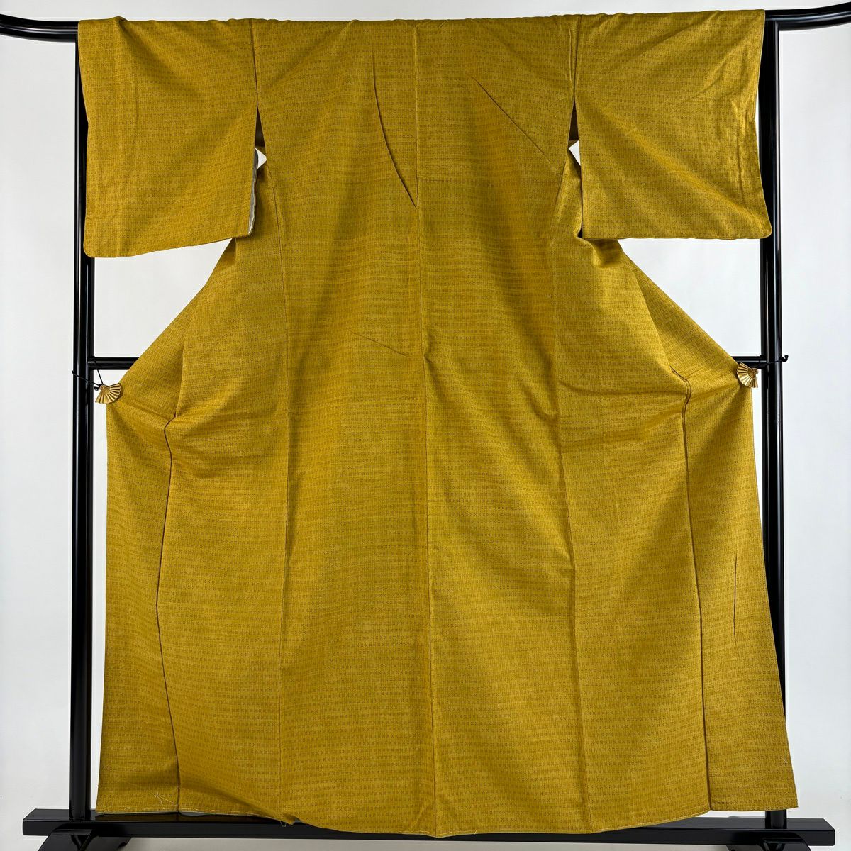【美品】 紬織 身長161cm 袖長66.5cm M 雙層 垂直條紋 幾何學 黃土 純蠶絲 秀品級